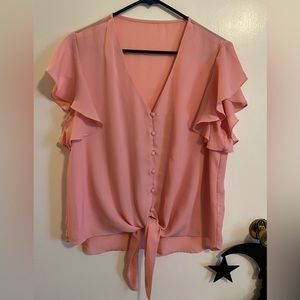 Peach color tie front ruffle sleeves blouse, size large